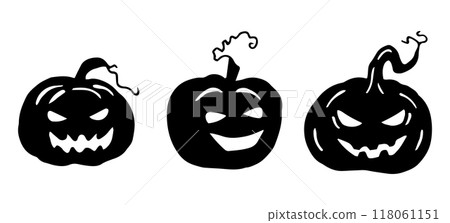 Set of pumpkins with faces. Black outline silhouette for Halloween. Hand drawn isolated graphic clipart. Linear silhouette with vegetable for spooky decor and invitation design. Simple Doodle style. 118061151