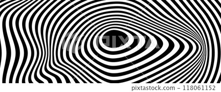 Psychedelic pattern with curvy black and white stripes. Hypnotic optical illusion. Abstract wallpaper. Modern wavy print. Hypnotherapy or trance concept. Vector graphic illustration 118061152