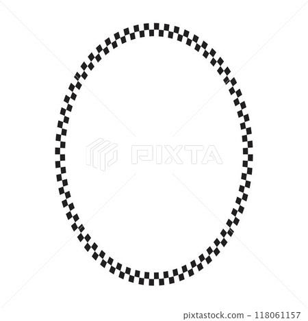 Oval frame with black and white checkered print. Elliptic vignette with checkerboard, race flag or chess game plane pattern. Geometric framework. Vector graphic illistration 118061157