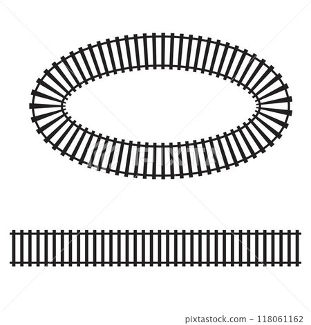 Railroad segments. Rail road elements top aerial view. Traintrack straight line and oval frame isolated on white background. Fence or stairs texture. Vector graphic illustration 118061162