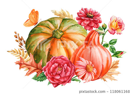 Autumn pumpkins, flowers, leaves isolated. Watercolor hand-painted fall. greeting card, poster, autumn festival, design Autumn pumpkins, flowers, leaves isolated. Watercolor hand-painted fall. greeting card, poster, autumn festival, design 118061168