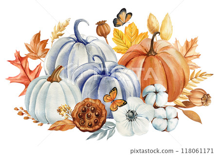 Autumn pumpkins painting, flowers, leaves. Watercolor hand-painted fall. greeting card, poster, autumn festival, design 118061171