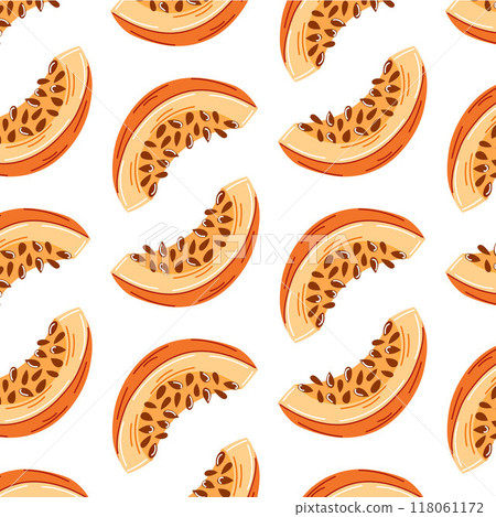Seamless pattern with pumpkin slice in flat style. Cute fall background design for Thanksgiving day, Halloween, autumn theme, textile, wrapping paper. Vector illustration on white. Seamless pattern with pumpkin slice in flat style. Cute fall background design for Thanksgiving day, Halloween, autumn theme, textile, wrapping paper. Vector illustration on white. 118061172