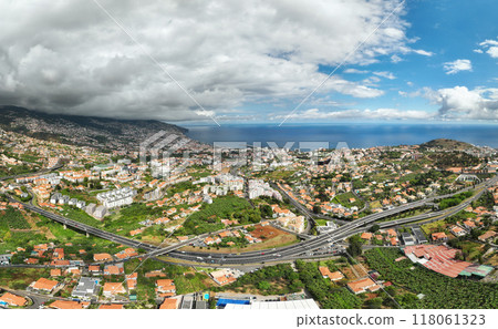 Aerial drone view of Funchal town, Madeira, Portugal 118061323