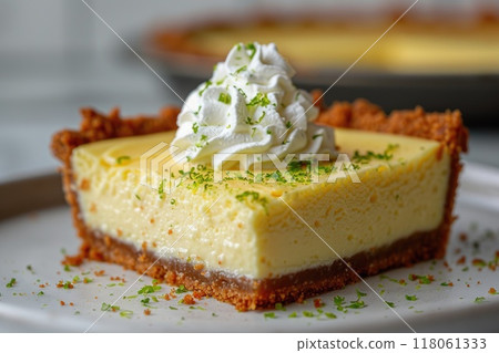 Slice of key lime pie with whipped cream topping sitting on white plate 118061333