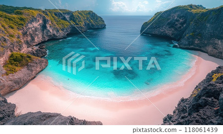 Turquoise water surrounding secluded sandy beach on tropical island 118061439