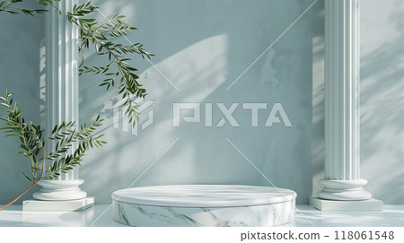 A simple platform with an impressive marble design and olive branches. A simple platform with an impressive marble design and olive branches. 118061548