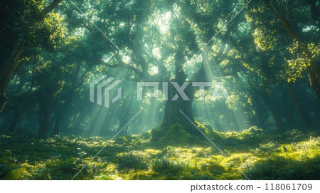 Sunlight shining through trees in magical forest 118061709
