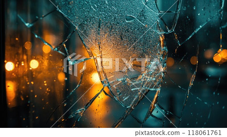 Broken glass showing city street reflecting in the shards 118061761