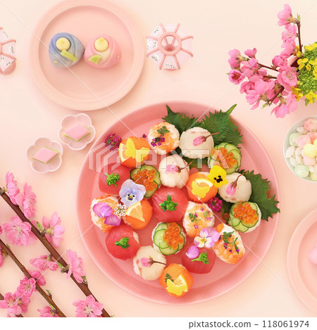 女兒節餐桌：食用花的花手鞠壽司 118061974