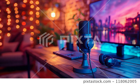 Headphones on a desk near a monitor with soft colorful lighting in a cozy, tech-inspired setting 118062005