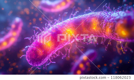 Close-up of glowing bacteria in vibrant shades of pink and purple, depicting microorganisms in a digestive system under a microscope 118062023