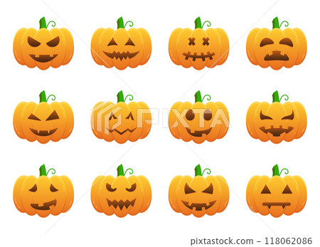 Scary and Funny Faces for Halloween Pumpkin Illustration. Spooky Faces of Ghost. Set of Halloween Horror Emotions on White Background. Isolated Vector Illustration 118062086