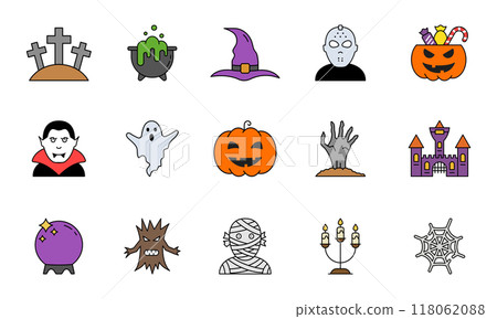 Set of Halloween Colorful Flat Icon. Spooky Horror Icons. Pumpkin, Ghost, Castle, Grave, Candy, Vampire, Cauldron Icon for Celebration 31 October. Vector Illustration 118062088