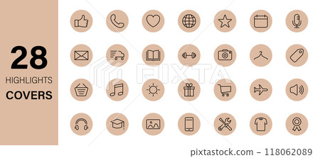 Highlights Line Icon Set. Stories Covers Linear Icons. Highlights for Lifestyle, Travel and Beauty Bloggers, Photographers and Designers. Outline Pictogram for Social Media. Vector Illustration 118062089