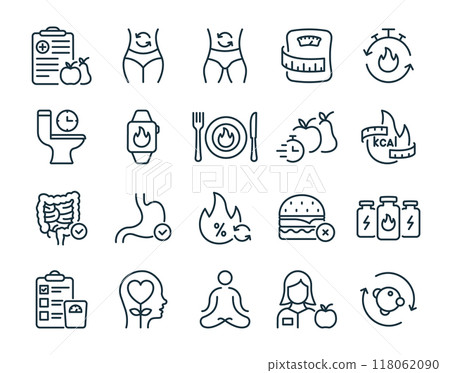 Metabolism Set Line Icon. Good Nutrition and Burn Calories Concept Linear Pictogram. Weight Control and Body Care Outline Icon. Editable Stroke. Isolated Vector Illustration 118062090