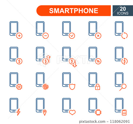 Set of Smartphone Line Icons. Mobile Phone repair service, sale, loan, renovation and update system line icons. Cell Phone Linear Icons. Editable Stroke. Vector illustration 118062091