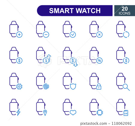 Set of Smart Watch Line Icons. Smart Watch repair service, sale, loan, renovation and update system line icons. Editable Stroke. Vector illustration 118062092
