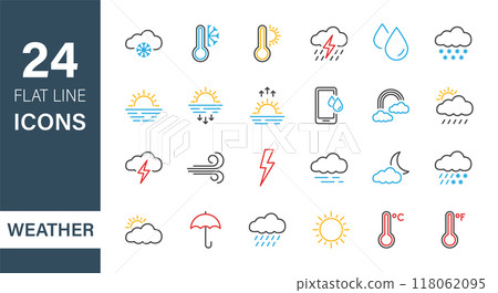 Set of Weather Line Icons. Weather Forecast graphic elements. Meteorology. Temperature, Sun, Cloud, Rain. Sunrise and Sunset pictogram. Editable stroke. Vector illustration 118062095