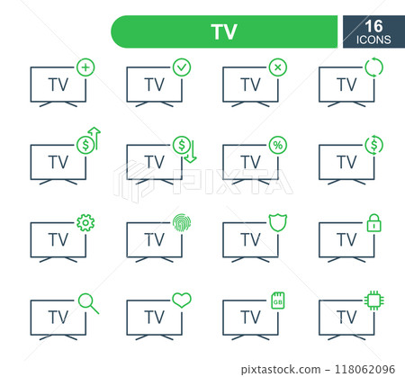 Set of Simple TV Line Icons. Television Repair Service, Sale, Loan, Renovation and Update System Line Icons. TV linear icons. Editable Stroke. Vector illustration 118062096