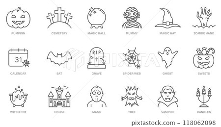Halloween Set Line Icon. Pumpkin, Ghost, Bat, Grave, Candy, Vampire, Creepy Castle Black Icon for Celebration 31 October. Spooky Horror Outline Pictogram. Editable Stroke. Vector Illustration Halloween Set Line Icon. Pumpkin, Ghost, Bat, Grave, Candy, Vampire, Creepy Castle Black Icon for Celebration 31 October. Spooky Horror Outline Pictogram. Editable Stroke. Vector Illustration 118062098