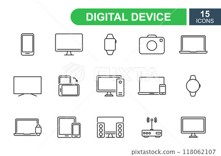 Smart devices and gadget line icons. Devices and electronics line pictograms. Mobile phone, smart watch, computer, laptop, wi-fi router, pc, tablet, camera icons. Editable stroke. Vector illustration Smart devices and gadget line icons. Devices and electronics line pictograms. Mobile phone, smart watch, computer, laptop, wi-fi router, pc, tablet, camera icons. Editable stroke. Vector illustration 118062107