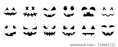 Scary and Funny Faces for Halloween Pumpkin Silhouette Icon. Spooky Faces of Ghost Glyph Pictogram. Halloween Horror Emotions Icon. Isolated Vector Illustration 118062111