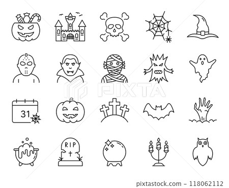 Halloween Set Line Icon. Spooky Horror Linear Pictogram. Halloween Concept. Pumpkin, Ghost, Bat, Grave, Skull, Vampire Scary Magic Outline Icon. Editable Stroke. Isolated Vector Illustration 118062112
