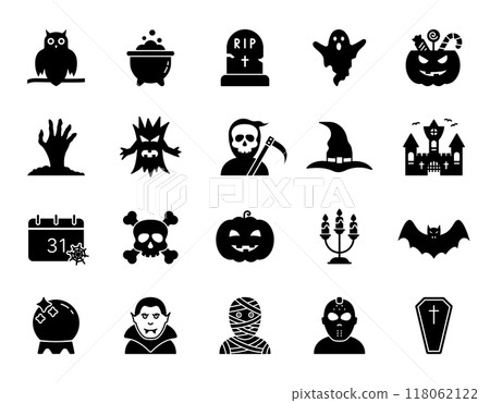 Halloween Set Silhouette Icon. Spooky Horror Glyph Pictogram Halloween Concept. Pumpkin, Ghost, Bat, Grave, Skull, Vampire Scary Magic Black Icon for Celebration of 31 October. Vector Illustration 118062122