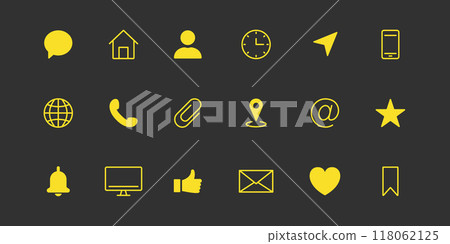 Business Card Icon Set. Yellow Simple Communication Lina and Silhouette Icon. Contact Info Pictogram. Address, Email, Phone, Message, Chat. Set of Website Pictogram. Vector illustration 118062125