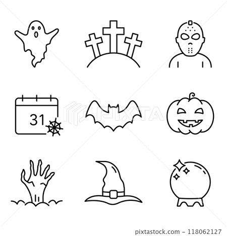 Halloween Set Line Icon. Pumpkin, Ghost, Bat, Calendar, Hat, Magic Ball and Zombie Hand Outline Icon. Spooky Horror Linear Pictogram. Halloween Concept. Editable Stroke. Isolated Vector Illustration 118062127