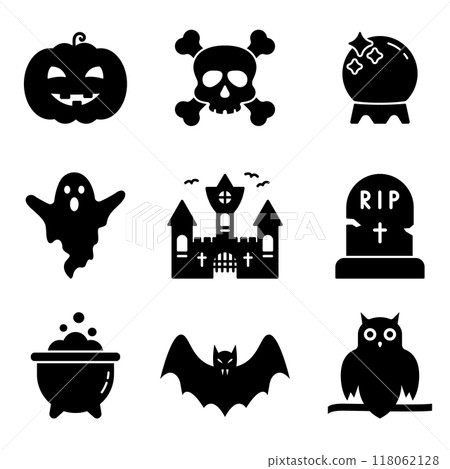 Halloween Spooky Silhouette Icon Set. Black Pumpkin, Bat, Vampire, Cauldron, Grave, Skull, Castle Ghost Glyph Pictogram. Cute Helloween Set Icon. Isolated Vector Illustration Halloween Spooky Silhouette Icon Set. Black Pumpkin, Bat, Vampire, Cauldron, Grave, Skull, Castle Ghost Glyph Pictogram. Cute Helloween Set Icon. Isolated Vector Illustration 118062128