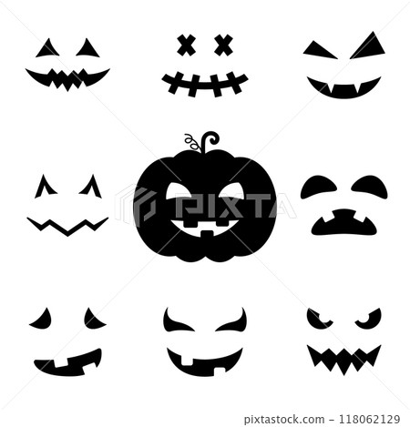 Scary and Funny Faces for Halloween Pumpkin Silhouette Icon. Halloween Horror Emotions Icon. Spooky Faces of Ghost Glyph Pictogram. Isolated Vector Illustration Scary and Funny Faces for Halloween Pumpkin Silhouette Icon. Halloween Horror Emotions Icon. Spooky Faces of Ghost Glyph Pictogram. Isolated Vector Illustration 118062129