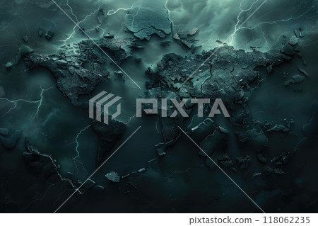 Dramatic crumbling world map under stormy skies in digital artwork 118062235