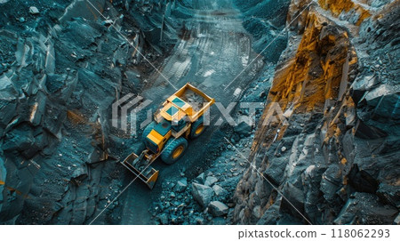 Yellow excavator working in an open rocky quarry on a sunny day. 118062293