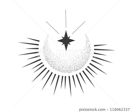 Mystic moon sand grain celestial astrology magic element with rays, burst minimal line tattoo, border or decoration pointillism isolated Space symbols, emblem. 118062337