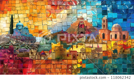 Colorful mosaic depicting historic and iconic landmarks and buildings from different Hispanic cultures 118062342