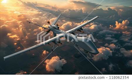Military flying drone above clouds during sunrise or sunset with missiles on. Advanced radar technology for strategic military operations. 118062354