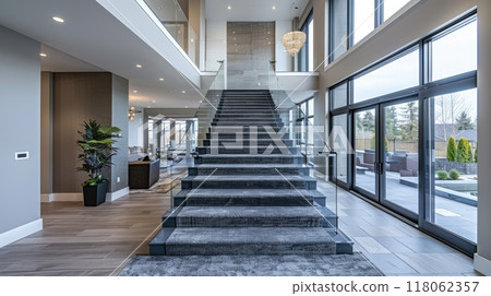 Modern luxurious staircase with glass railings and elegant decor 118062357