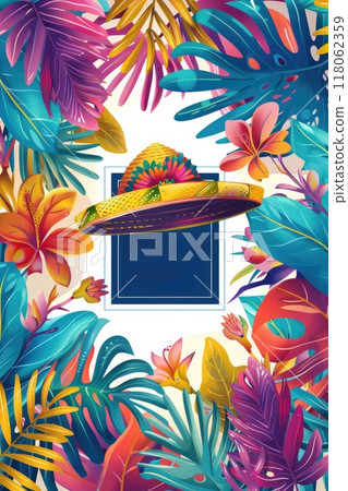 National hispanic heritage month festival banner with colorful tropical flowers, sombrero. 118062359