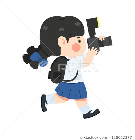 Kid girl holding digital camera taking 118062377