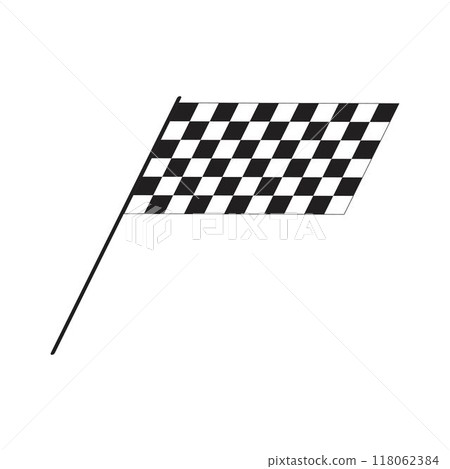 Tilted race flag with checquered black and white pattern. Start or finish symbol on sport car competitions. Rally or motocross props. Victory, trophy or success signs. Vector graphic illustration 118062384