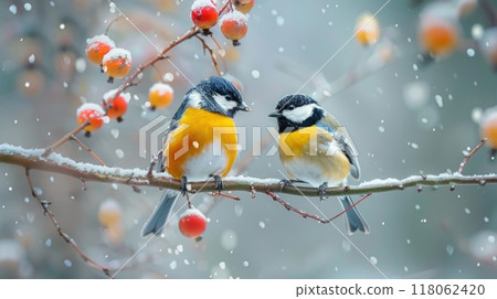Two beautiful songbird sitting at a tree branch in the winter forest 118062420