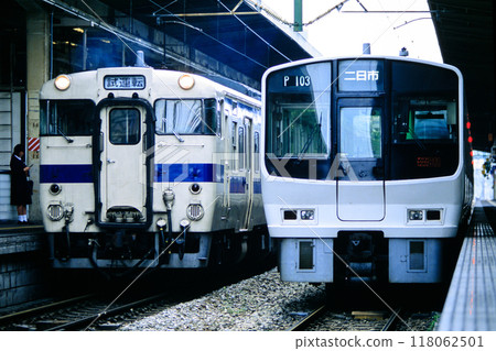 Kiha 66 series diesel railcars and 811 series electric trains lined up at Hakata Station (JR Kyushu) 118062501