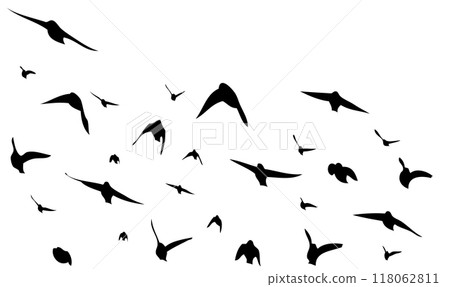 Flying birds silhouette flock. hand drawing. Not AI. Vector illustration 118062811