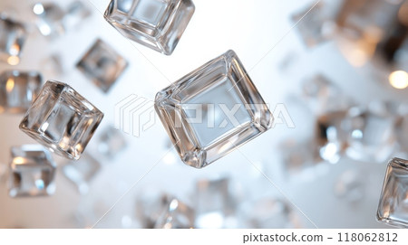 Close up of transparent crystal cubes floating in air 118062812