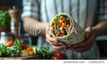 Faceless person holding freshly made burrito 118062814