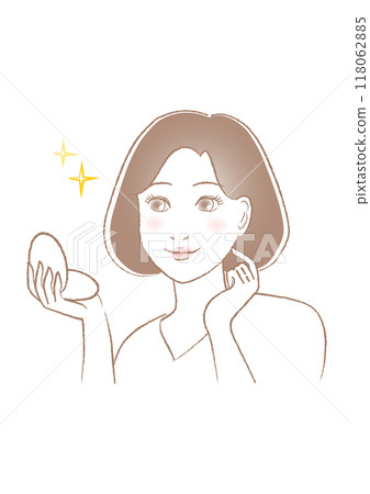 一個女人看著鏡子並對自己的美麗感到滿意的插圖 118062885