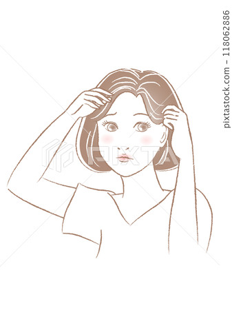 一位女士觸摸頭髮並擔心白髮的插圖 118062886