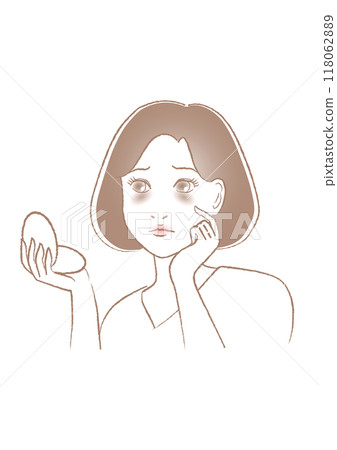 Illustration of a woman suffering from dark circles under her eyes 118062889
